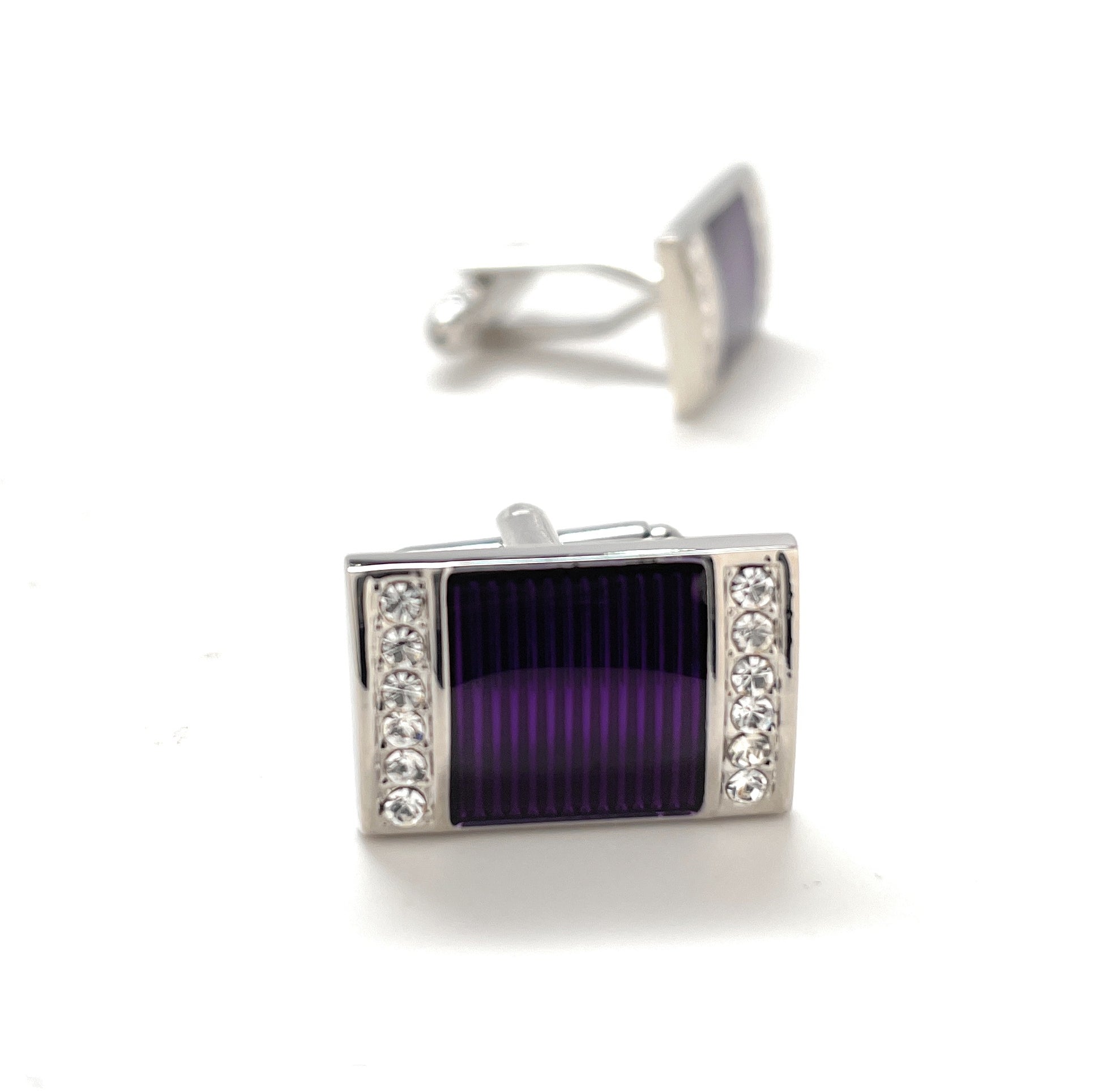 A pair of rectangular silver cufflinks with deep purple striped enamel centers and sparkling crystal borders, designed by JayPins for a bold and luxurious men’s fashion look.