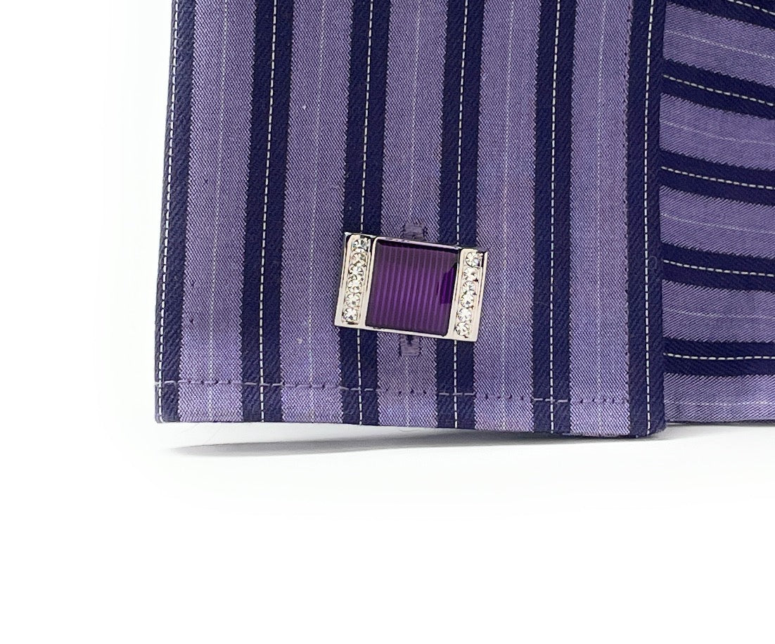 A pair of rectangular silver cufflinks with deep purple striped enamel centers and sparkling crystal borders, designed by JayPins for a bold and luxurious men’s fashion look.