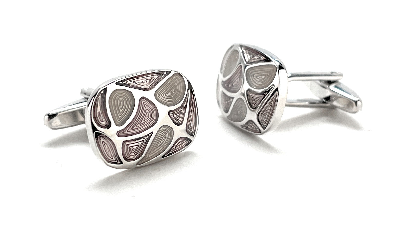 A pair of modern abstract silver cufflinks featuring artistic swirl patterns in soft purple and gray tones, designed by JayPins for a bold and contemporary men’s fashion statement.