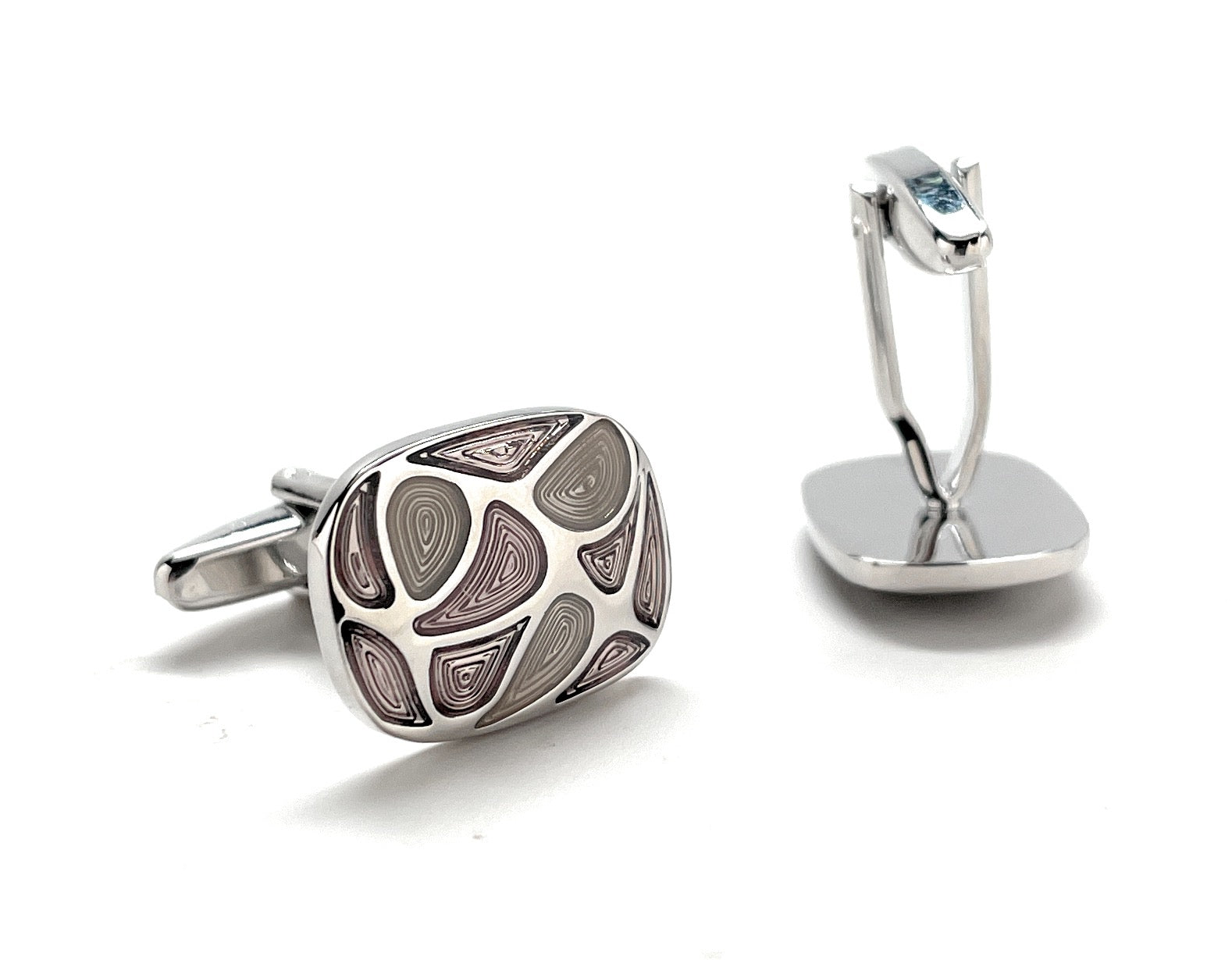 A pair of modern abstract silver cufflinks featuring artistic swirl patterns in soft purple and gray tones, designed by JayPins for a bold and contemporary men’s fashion statement.