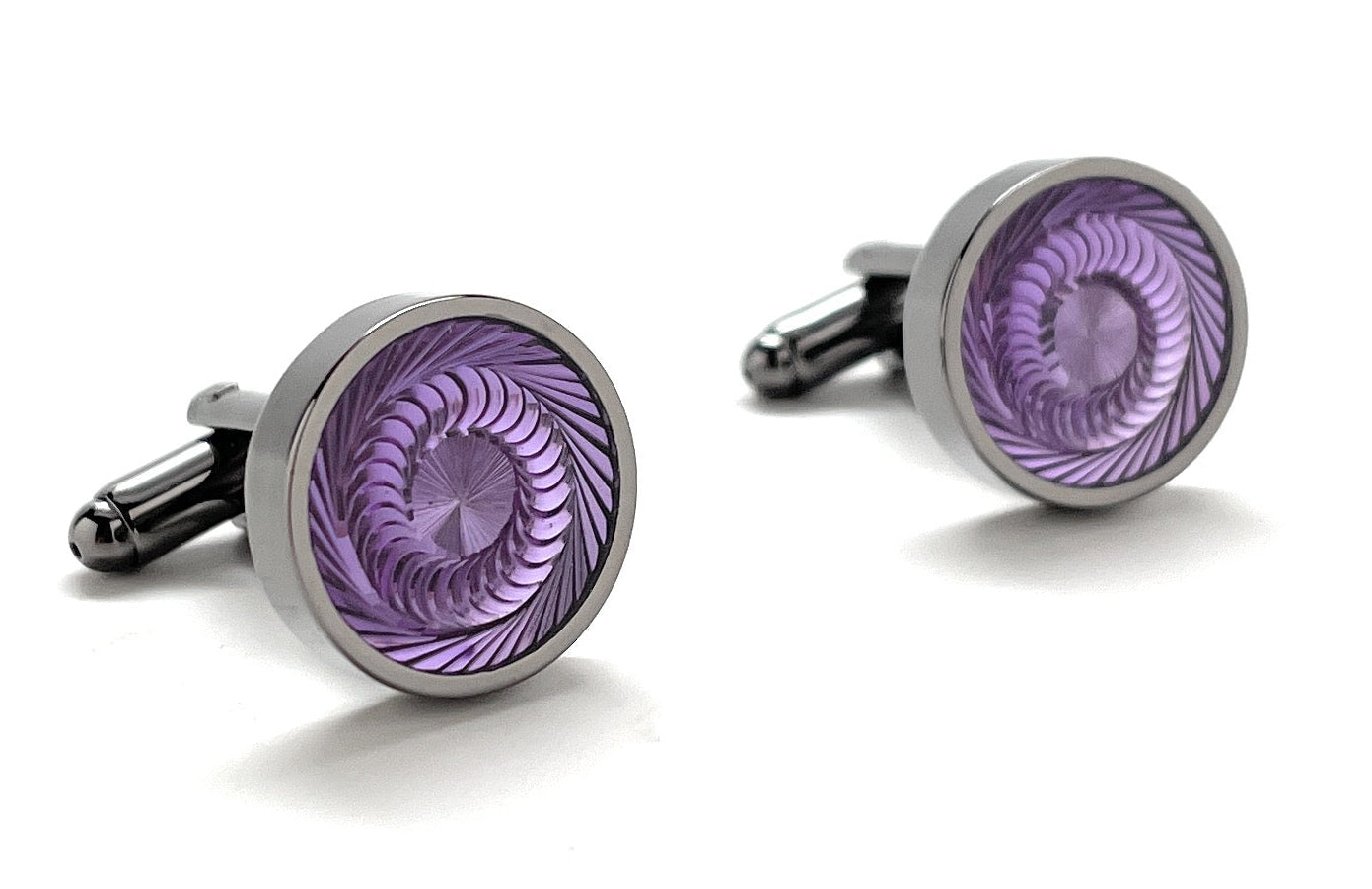 A pair of round silver and gunmetal cufflinks with a deep purple swirl pattern, known as the Purple Haze Cufflinks by JayPins, reflecting a bold and modern men’s fashion design.