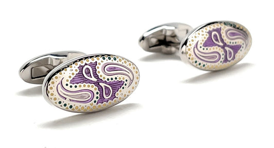 A pair of JayPins Purple Paisley cufflinks with elegant enamel detailing in purple, cream, and gold tones set in polished silver oval frames, symbolizing classic men’s sophistication and modern flair.