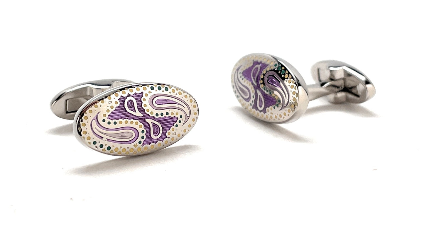 A pair of JayPins Purple Paisley cufflinks with elegant enamel detailing in purple, cream, and gold tones set in polished silver oval frames, symbolizing classic men’s sophistication and modern flair.