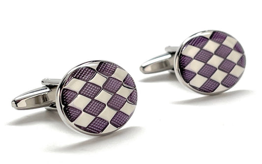 A pair of JayPins purple checkered cufflinks featuring a geometric enamel pattern in purple and silver with a polished silver finish, symbolizing bold, modern men’s fashion.