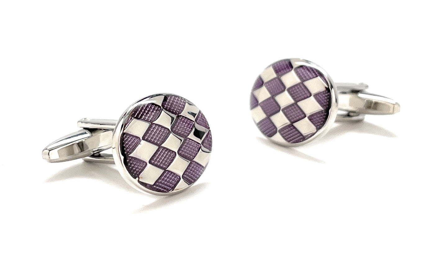 A pair of JayPins purple checkered cufflinks featuring a geometric enamel pattern in purple and silver with a polished silver finish, symbolizing bold, modern men’s fashion.
