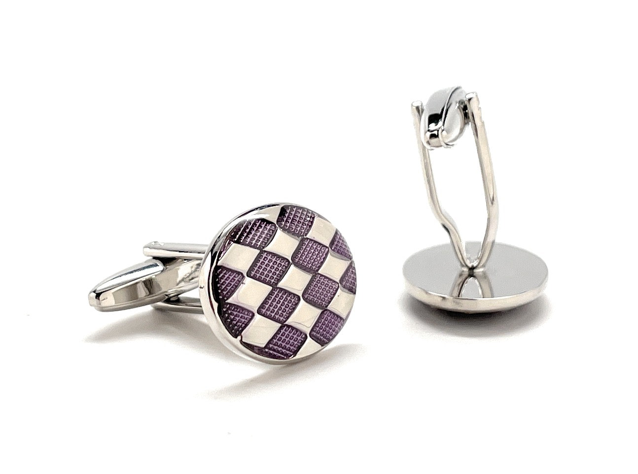 A pair of JayPins purple checkered cufflinks featuring a geometric enamel pattern in purple and silver with a polished silver finish, symbolizing bold, modern men’s fashion.