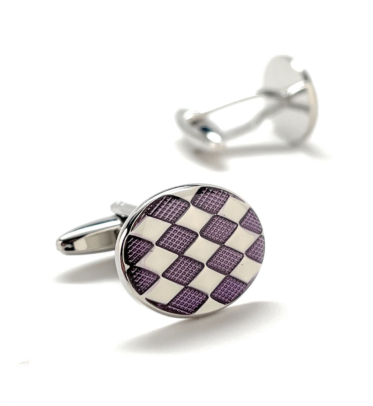 A pair of JayPins purple checkered cufflinks featuring a geometric enamel pattern in purple and silver with a polished silver finish, symbolizing bold, modern men’s fashion.