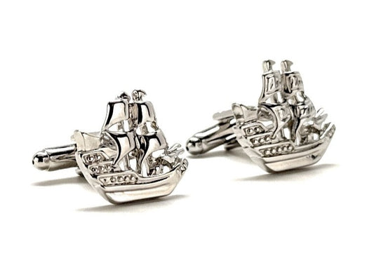 Silver pirate ship cufflinks white background