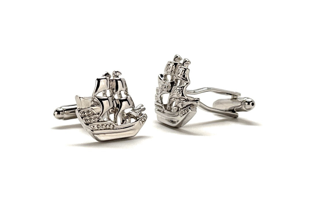 Ocean Schooner Cufflinks Silver Platted Highly Detailed Boats Sails Sailing Ship Cuff Links