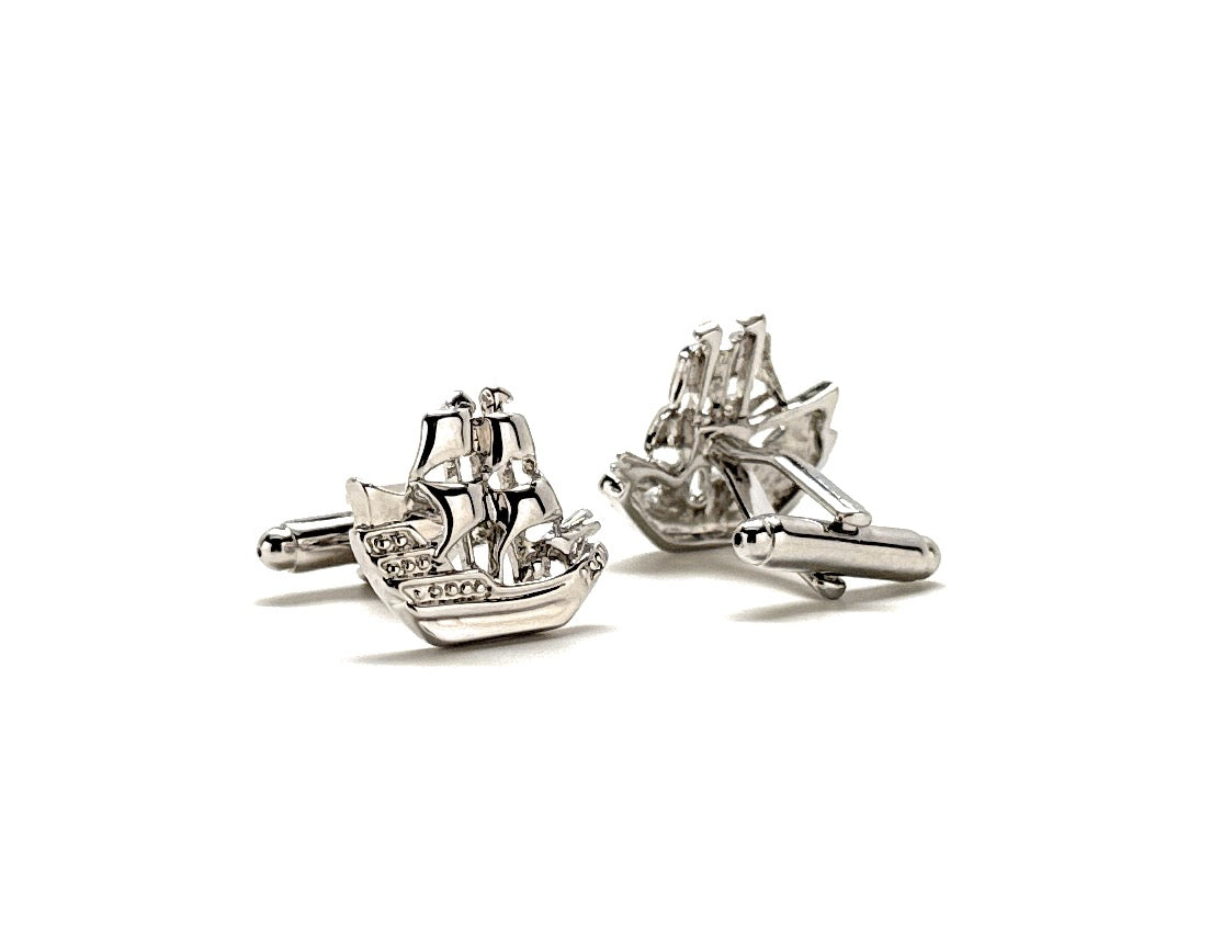 front and back Silver pirate ship cufflinks white background