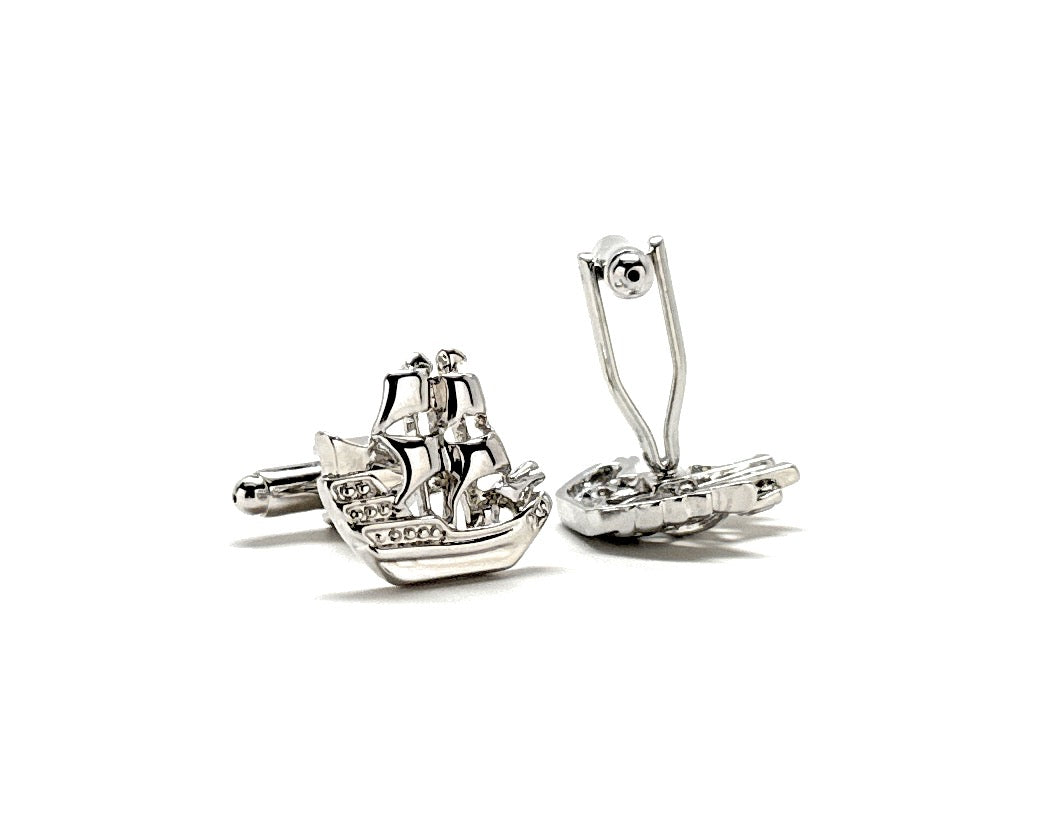 Cuffs backing Silver pirate ship cufflinks white background