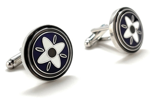 A pair of elegant JayPins Purple Mountain Daisy cufflinks featuring a bold white floral design over deep purple enamel with a polished silver border — perfect for modern, stylish men’s fashion.