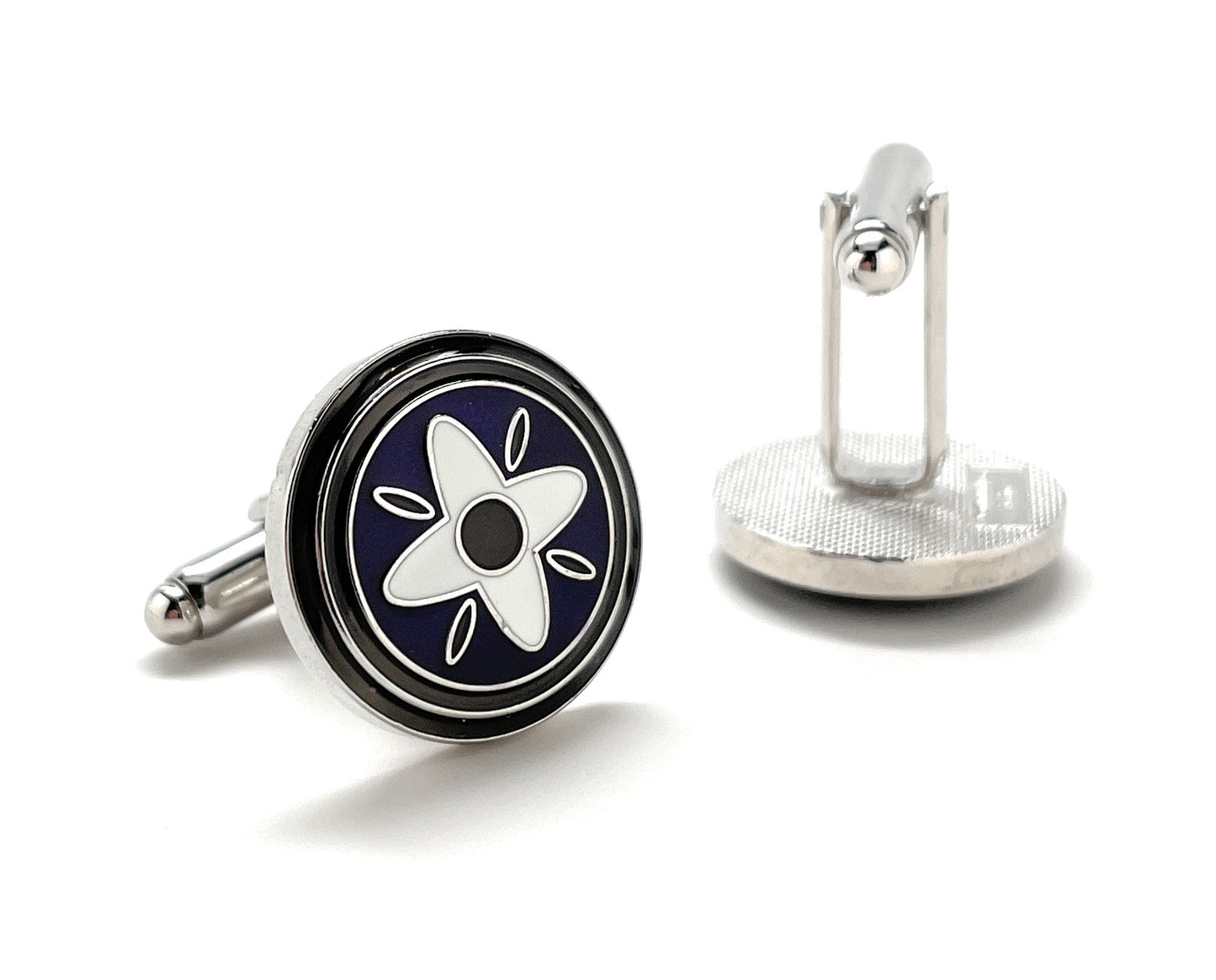 A pair of elegant JayPins Purple Mountain Daisy cufflinks featuring a bold white floral design over deep purple enamel with a polished silver border — perfect for modern, stylish men’s fashion.