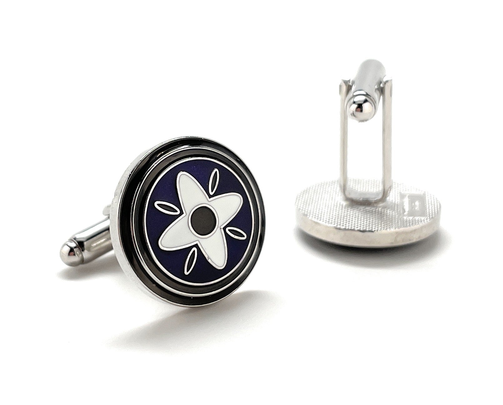 A pair of elegant JayPins Purple Mountain Daisy cufflinks featuring a bold white floral design over deep purple enamel with a polished silver border — perfect for modern, stylish men’s fashion.