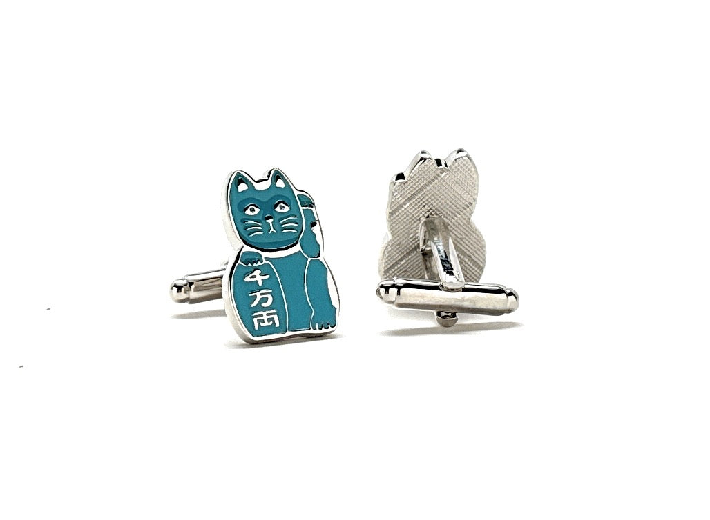 Blue Maneki-neko Cufflinks Japanese Cat Cufflinks Lucky Cat Blue Brings Harmony and Peace to it's Owner Cuff Links