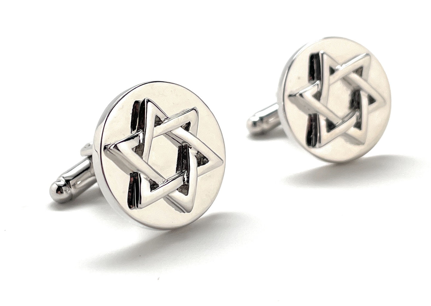 Silver Star of David cufflinks on a white background
