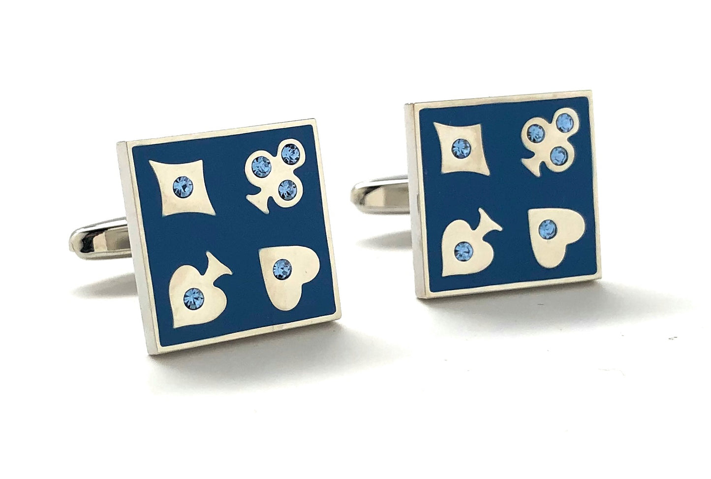 Pair of cufflinks with blue and white design on a white background