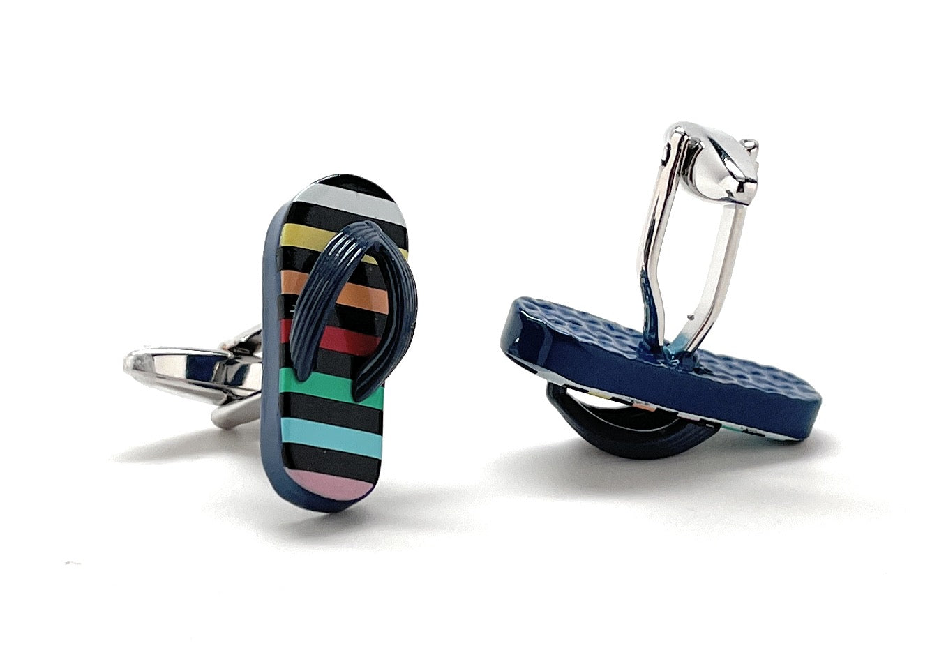 Flip-flop cufflinks with colorful stripes on a white background