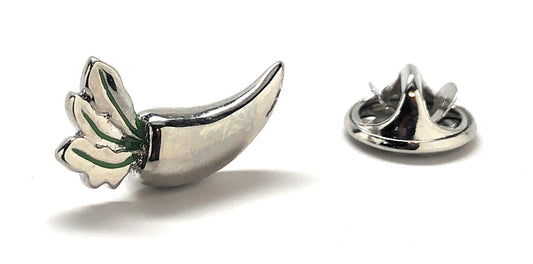Silver carrot-shaped lapel pin on a white background
