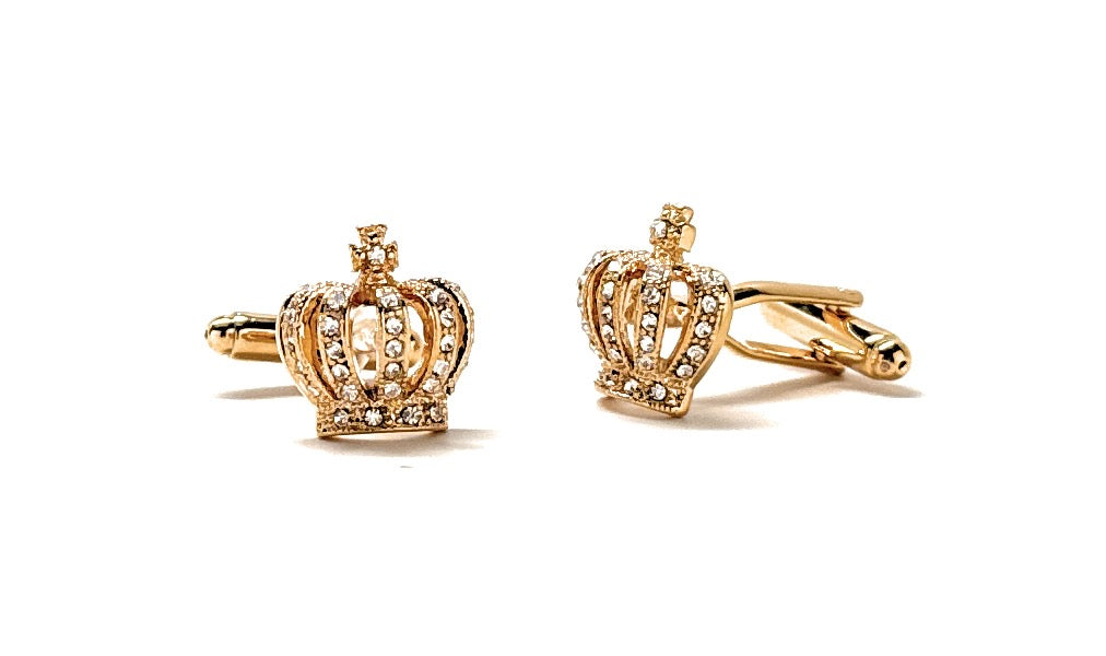 Gold crown cufflinks with crystal detailing on a white background – elegant men’s formal jewelry by JayPins