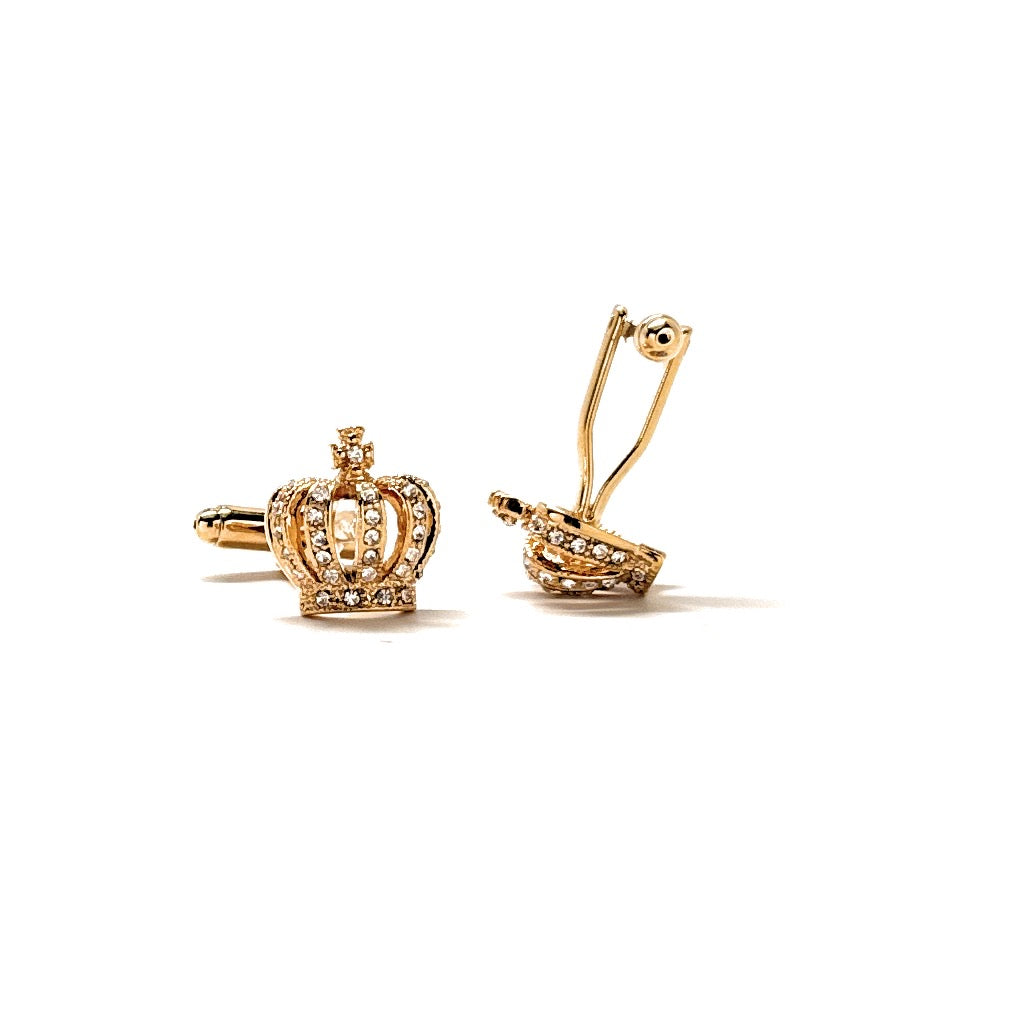 Gold crown cufflinks with crystal detailing on a white background – elegant men’s formal jewelry by JayPins