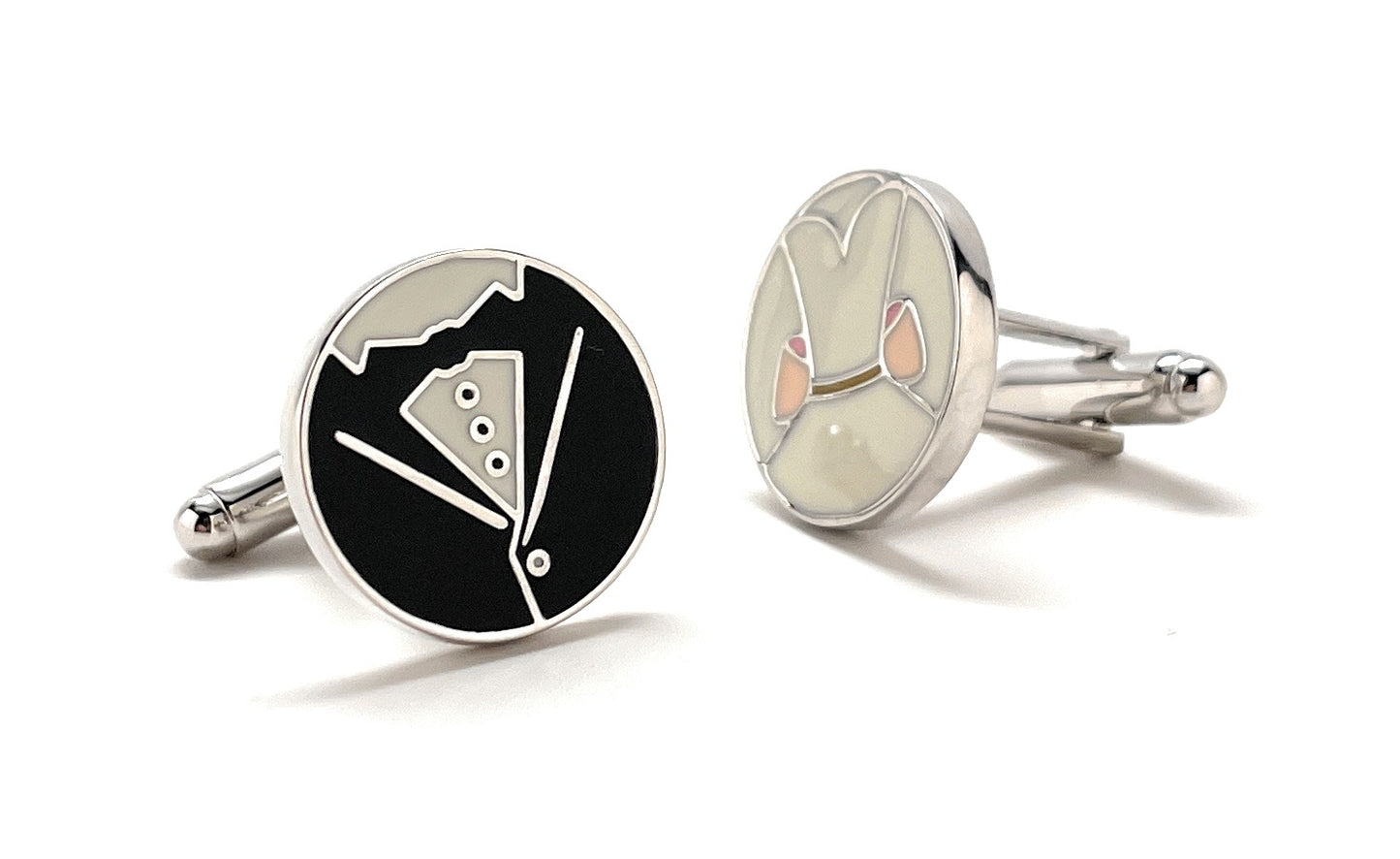 Two cufflinks with tuxedo and rabbit designs on a white background
