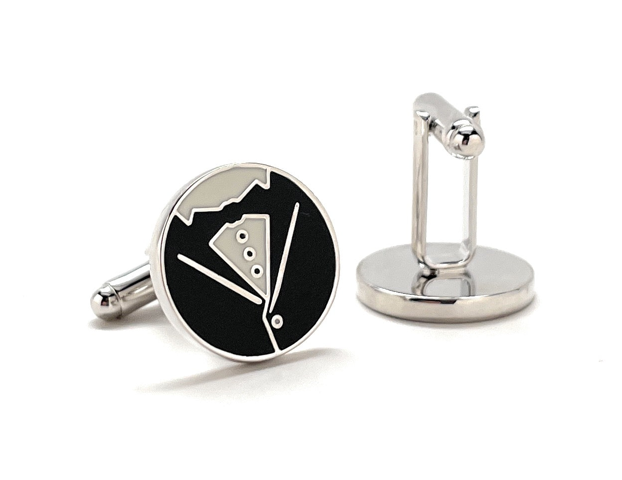 Cufflinks with a black and white design on a white background