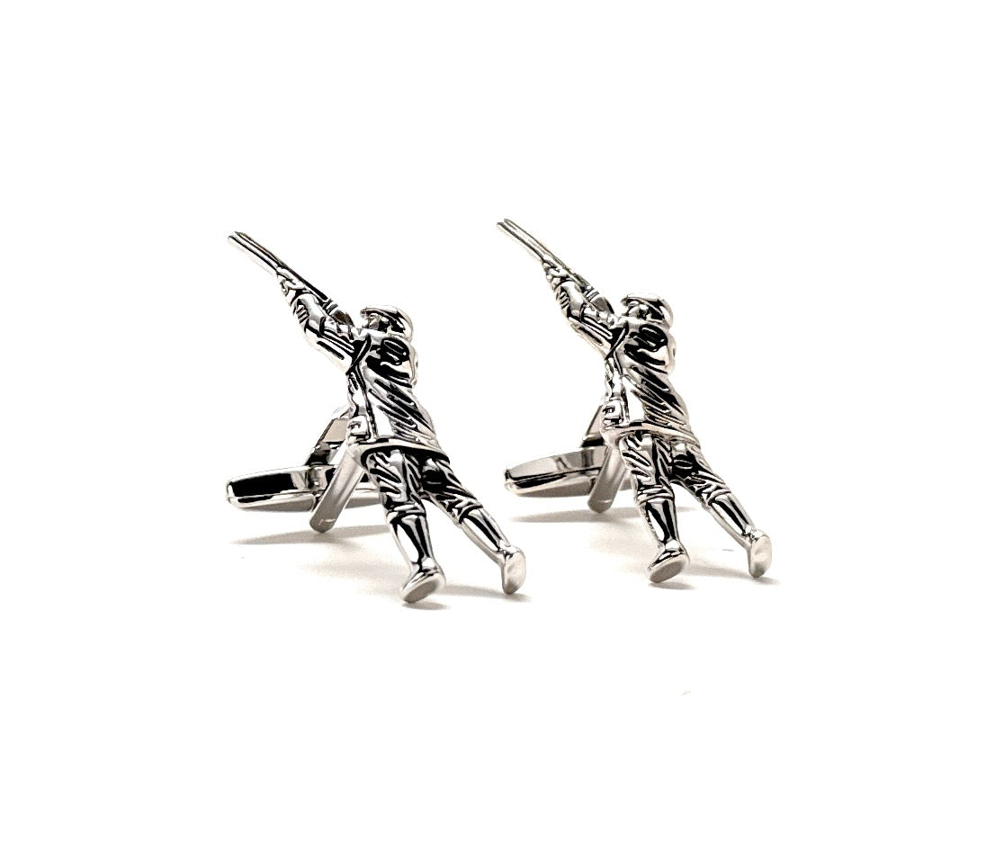 A pair of silver-plated rhodium cufflinks featuring a 3D design of a person archery shooting.