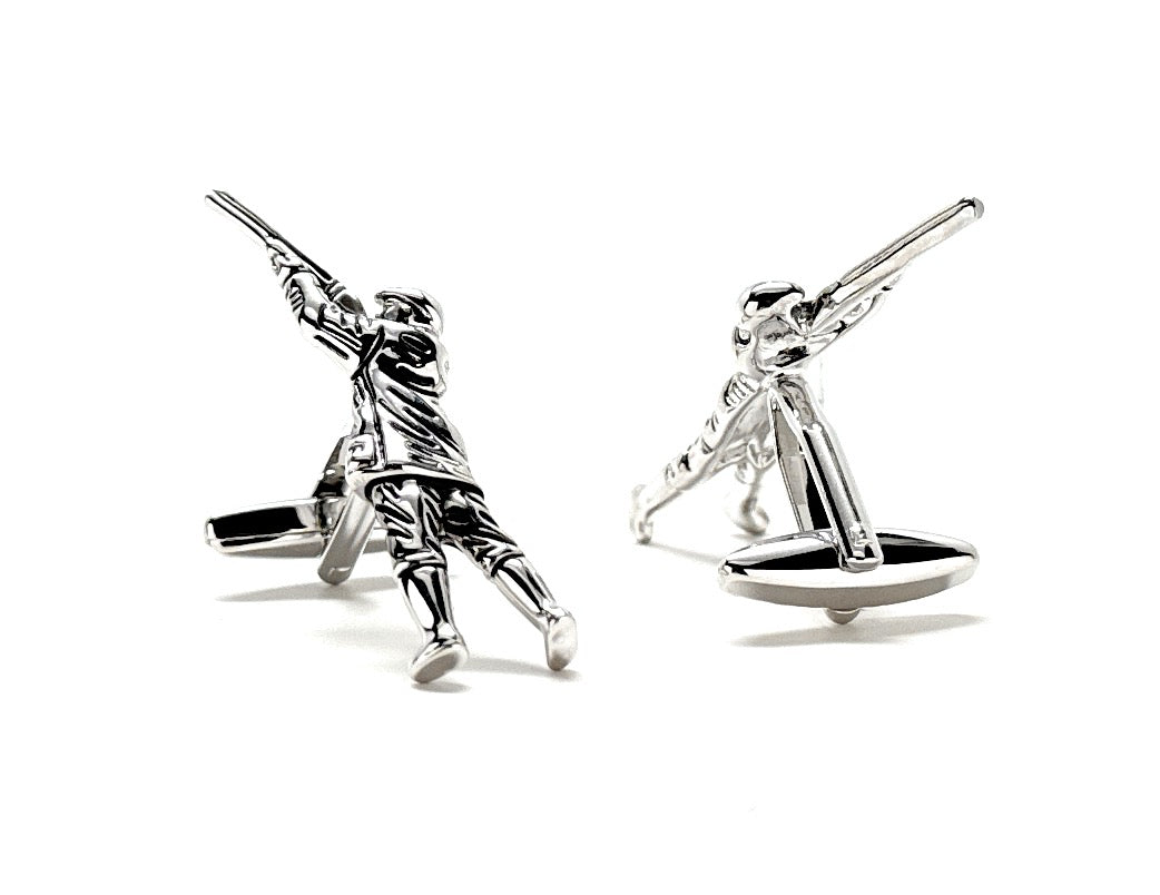 A pair of silver-plated rhodium cufflinks featuring a 3D design of a person archery shooting.