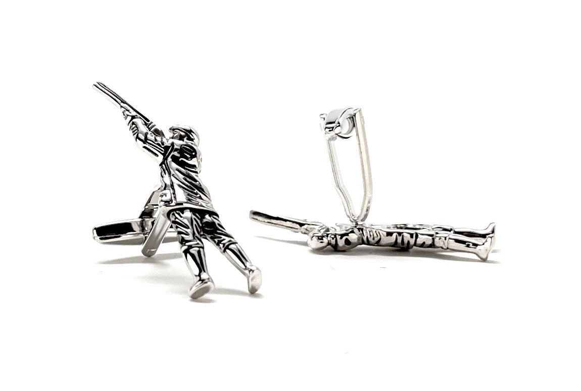A pair of silver-plated rhodium cufflinks featuring a 3D design of a person archery shooting.