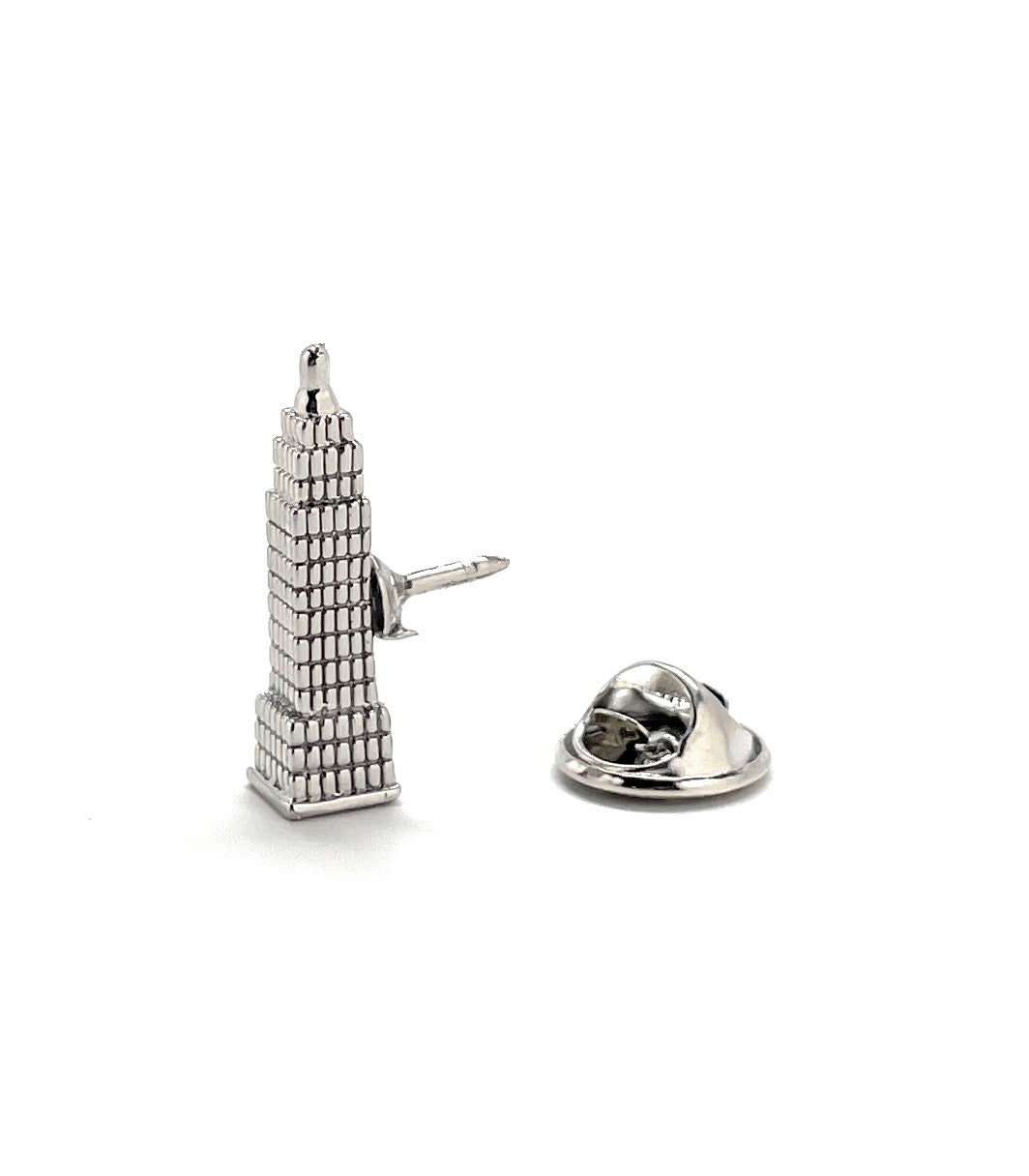 Silver Empire State Building lapel pin with detailed skyscraper design – iconic New York City souvenir and fashion accessory by JayPins