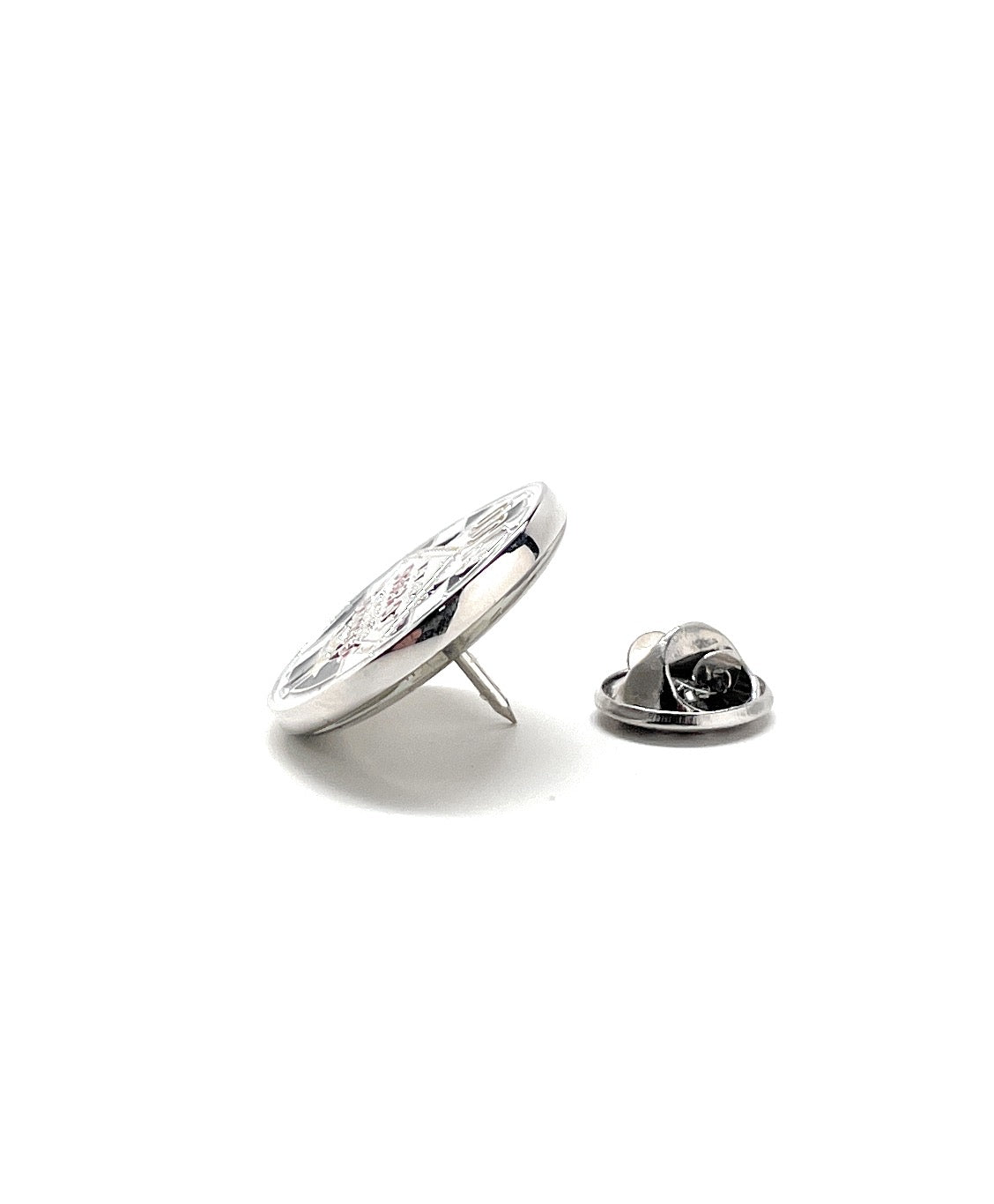 Silver lapel pin on a white background