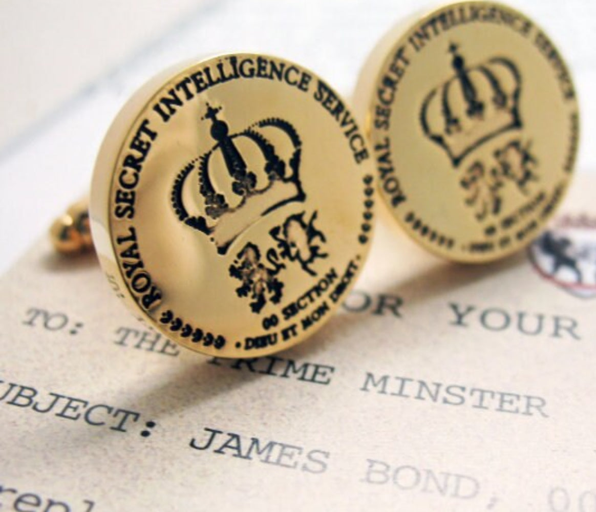 James Bond MI6 Cufflinks Mens Cuff Link Secret Intelligence Service Super Spy Collection Royal Gold Toned Crest Comes with Gift Box