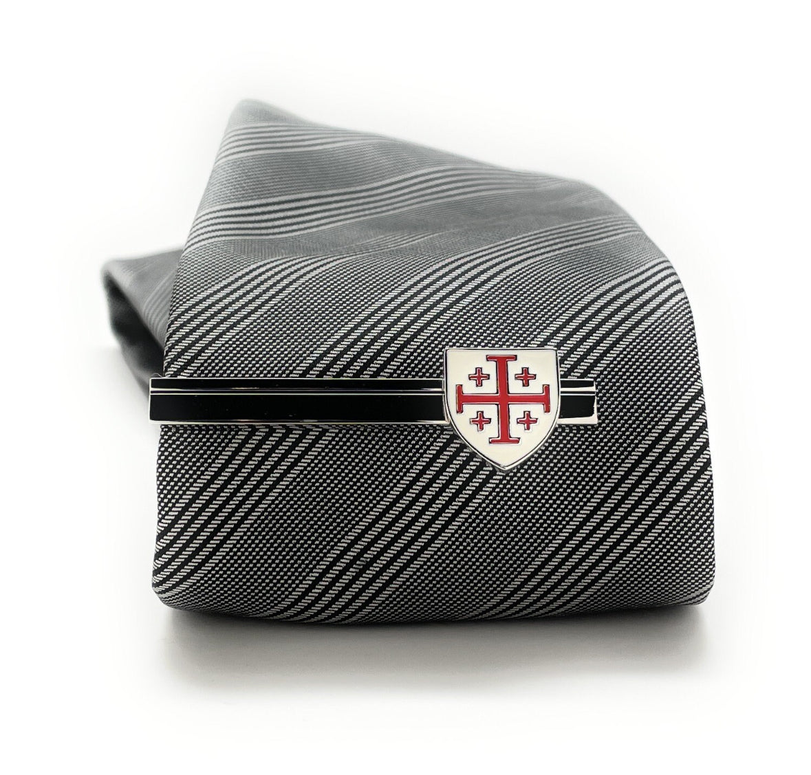 Crusaders Shield Tie Clip Jerusalem Cross Cut White and Red Enamel Design Silver Tone 3D Five-Fold Cross Tie Bar