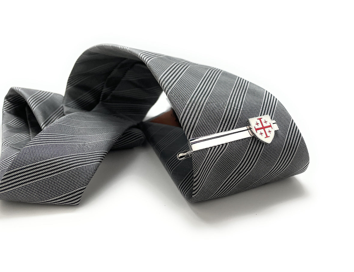 Crusaders Shield Tie Clip Jerusalem Cross Cut White and Red Enamel Design Silver Tone 3D Five-Fold Cross Tie Bar