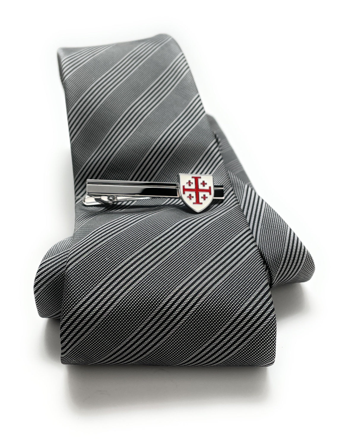 Crusaders Shield Tie Clip Jerusalem Cross Cut White and Red Enamel Design Silver Tone 3D Five-Fold Cross Tie Bar