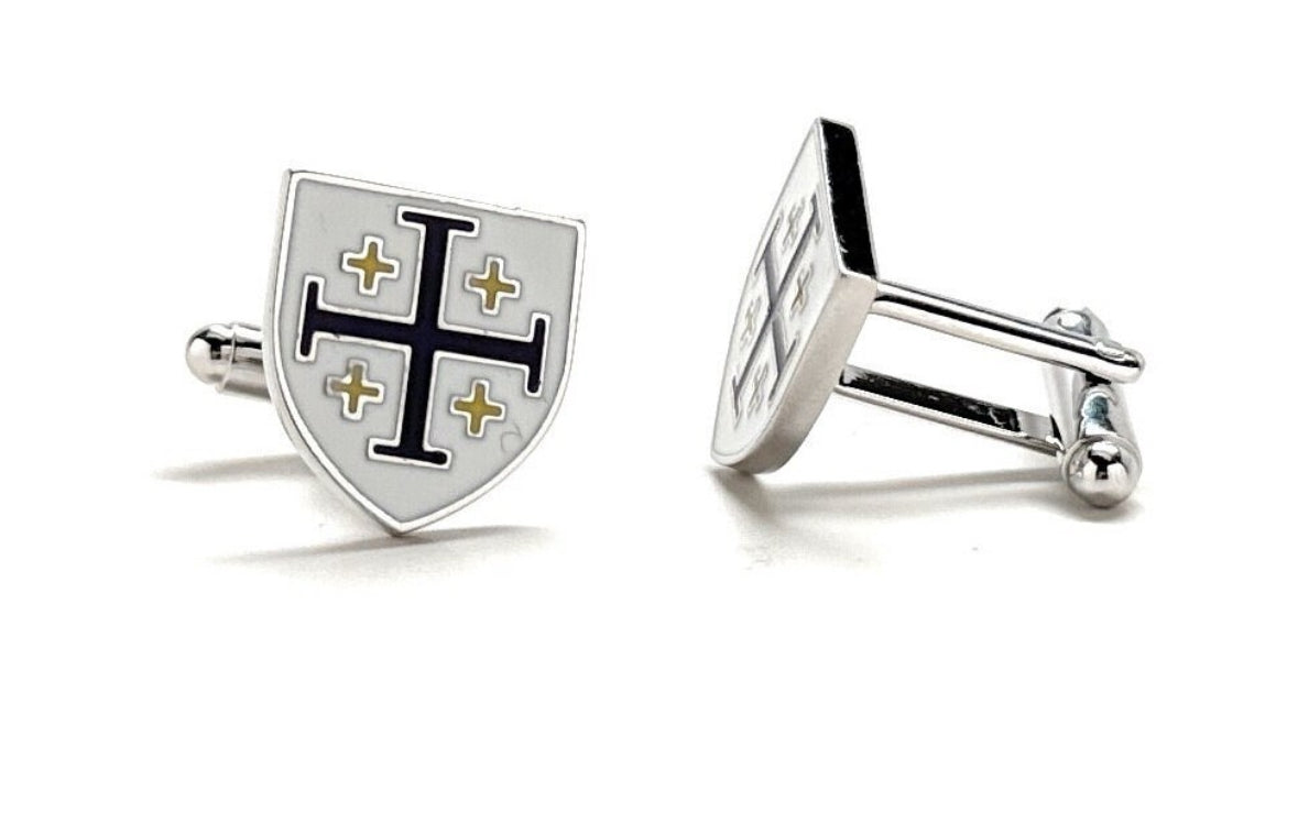 Kings Cross Cufflinks Royal Crusaders Shield Jerusalem Cross Cuff Links White Dark Purple with Gold Enamel 3D Five-Fold Cross Cuff Links