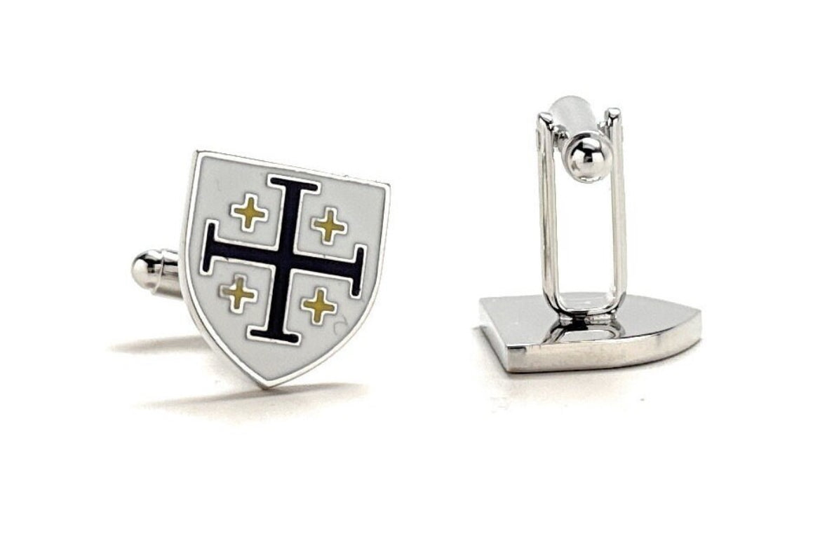 Kings Cross Cufflinks Royal Crusaders Shield Jerusalem Cross Cuff Links White Dark Purple with Gold Enamel 3D Five-Fold Cross Cuff Links