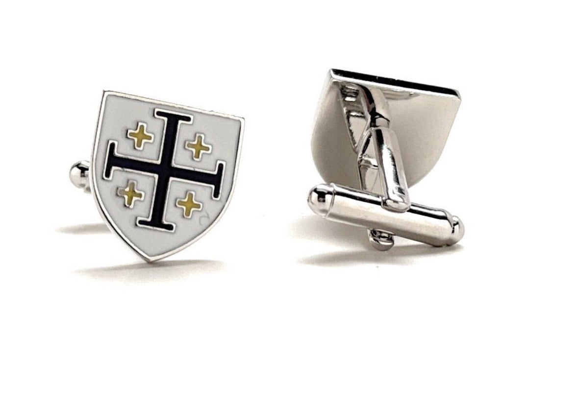 Kings Cross Cufflinks Royal Crusaders Shield Jerusalem Cross Cuff Links White Dark Purple with Gold Enamel 3D Five-Fold Cross Cuff Links