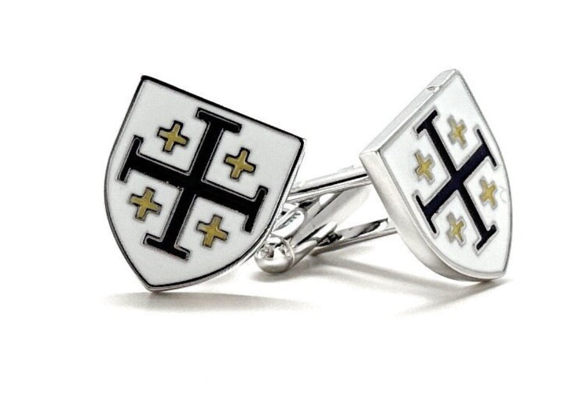 Kings Cross Cufflinks Royal Crusaders Shield Jerusalem Cross Cuff Links White Dark Purple with Gold Enamel 3D Five-Fold Cross Cuff Links