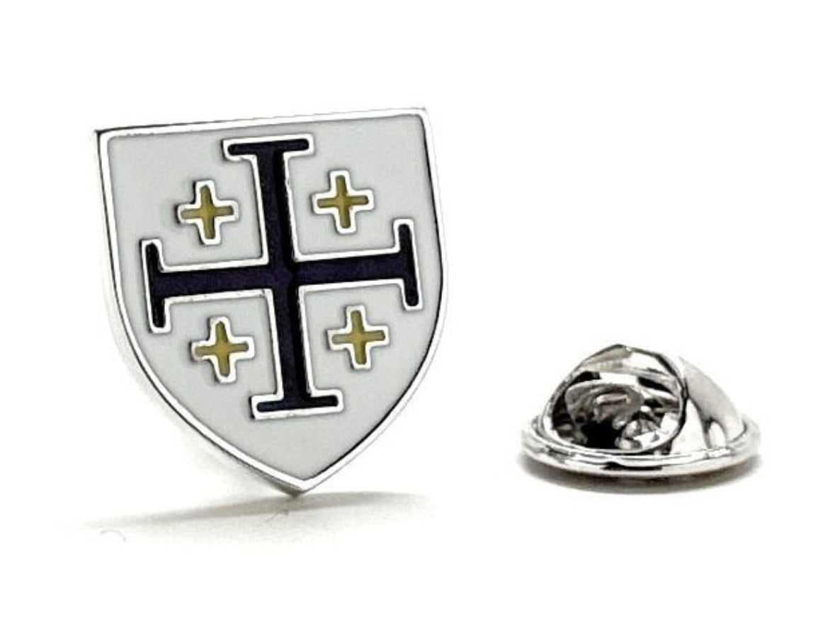 Kings Cross Pin Crusaders Shield Pin Purple and Gold Enamel Pin Jerusalem Cross Lapel Pin 3D Five-Fold Cross Pin Tie Tack Lanyard Pins
