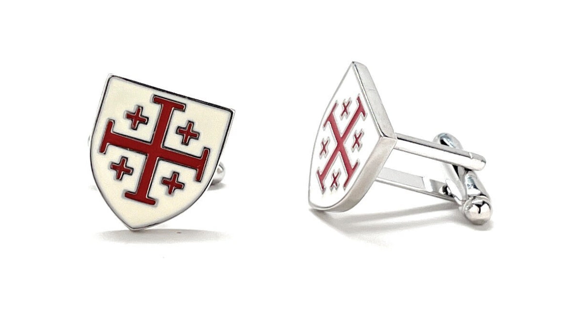 5 Crosses Cufflinks Crusaders Shield Cufflinks Jerusalem Cross Cuffs White and Red Enamel Design Silver Tone 3D Five-Fold Cross Cuff Links