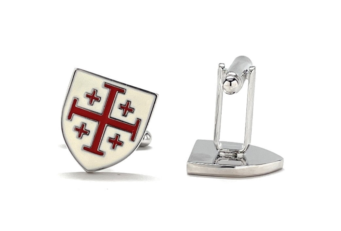 5 Crosses Cufflinks Crusaders Shield Cufflinks Jerusalem Cross Cuffs White and Red Enamel Design Silver Tone 3D Five-Fold Cross Cuff Links