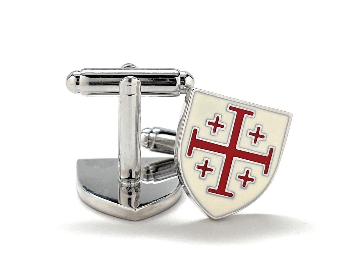 5 Crosses Cufflinks Crusaders Shield Cufflinks Jerusalem Cross Cuffs White and Red Enamel Design Silver Tone 3D Five-Fold Cross Cuff Links