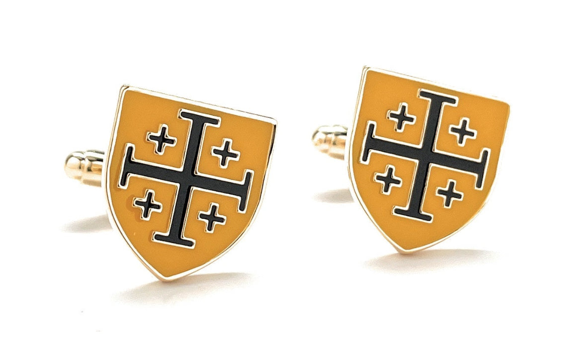 Crusaders Shield Cufflinks Jerusalem Cross Cuffs Yellow and Black Enamel Design Silver Tone 3D Five-Fold Cross Cuff Links