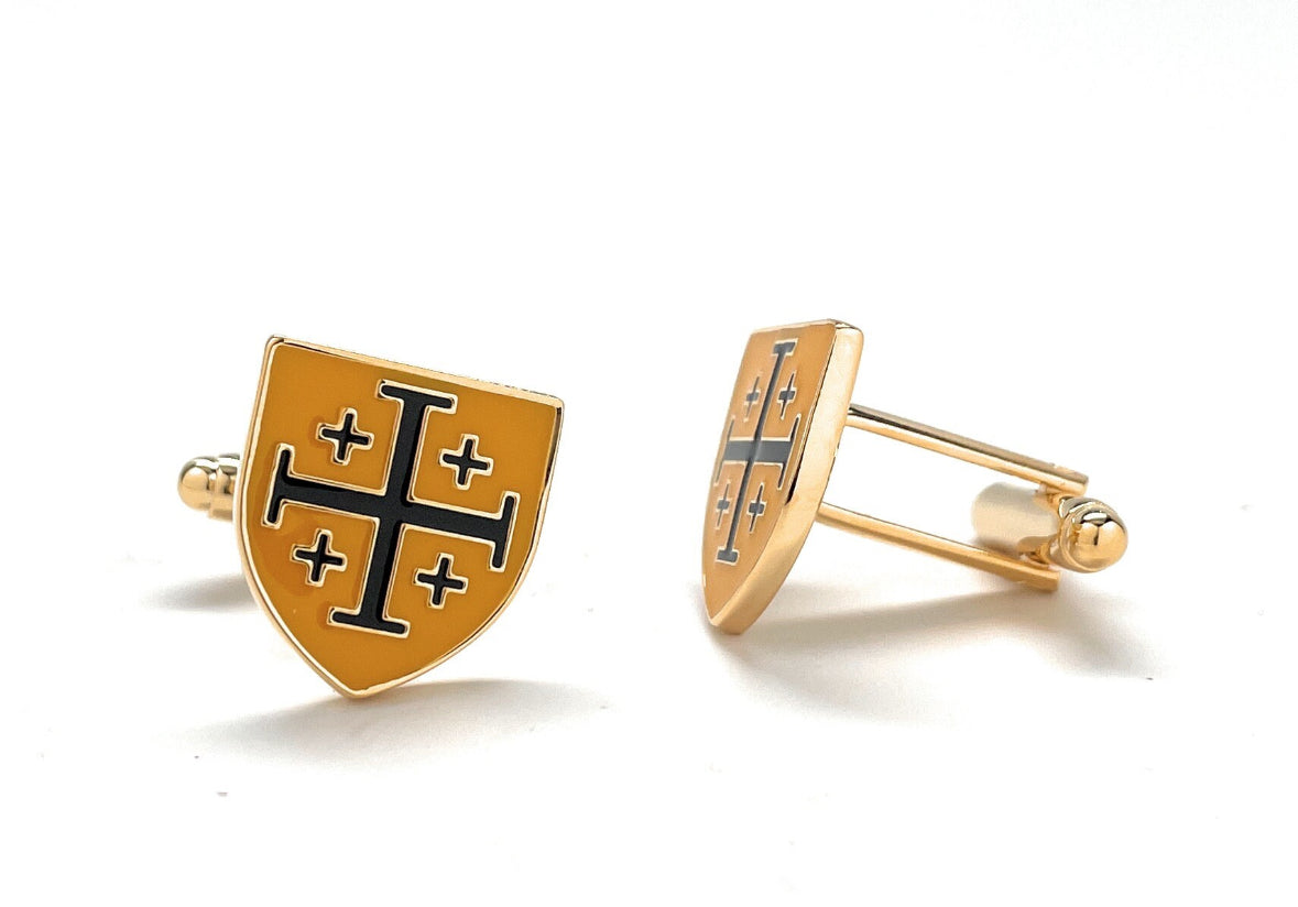 Crusaders Shield Cufflinks Jerusalem Cross Cuffs Yellow and Black Enamel Design Silver Tone 3D Five-Fold Cross Cuff Links