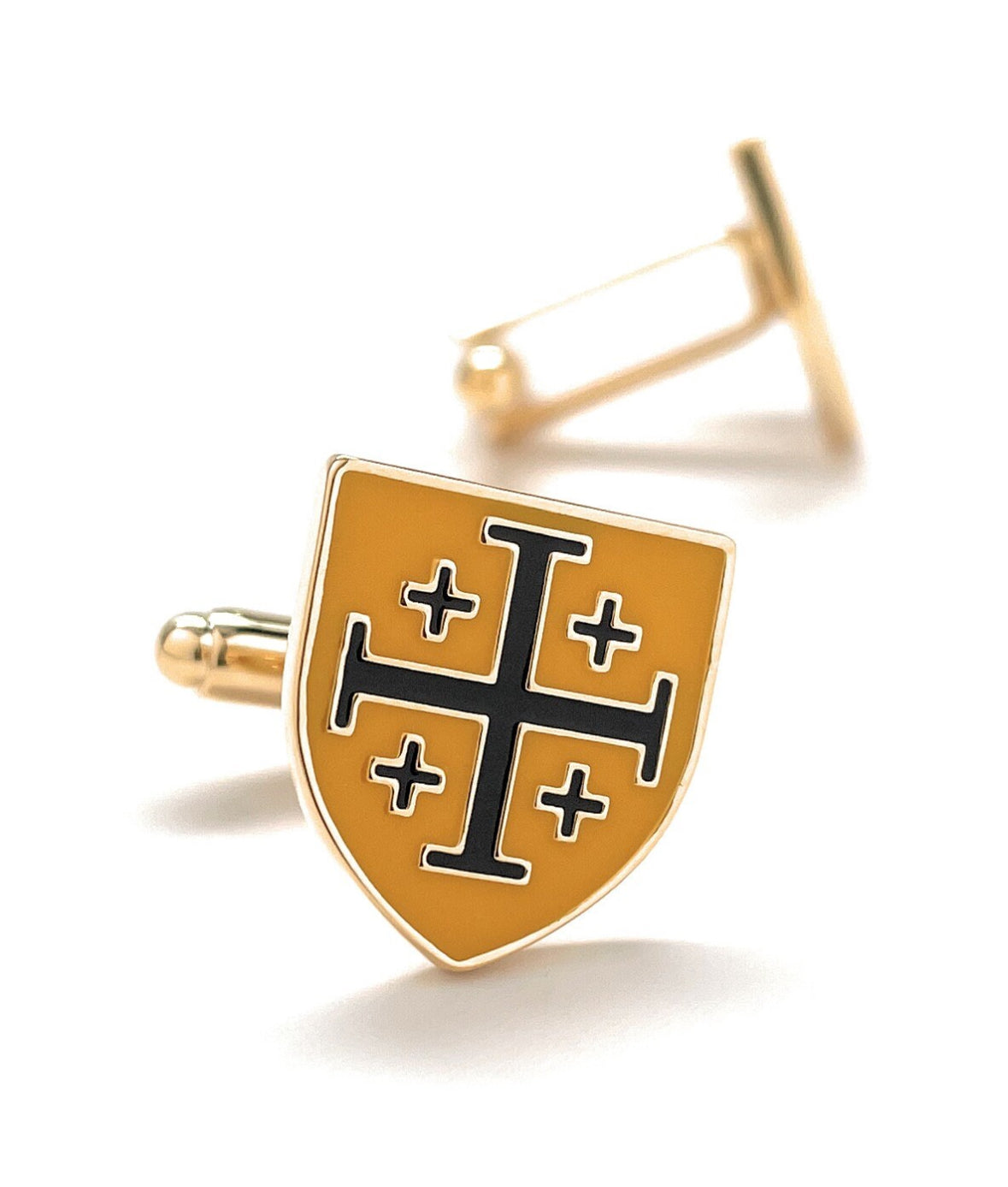 Crusaders Shield Cufflinks Jerusalem Cross Cuffs Yellow and Black Enamel Design Silver Tone 3D Five-Fold Cross Cuff Links