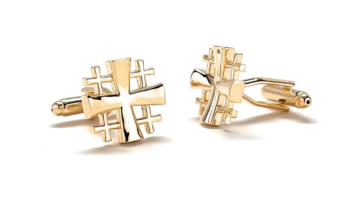 Jerusalem Cross Cufflinks Crusaders Shield Cut Out Design Gold Tone 3D Five-Fold Cross Cuff Links