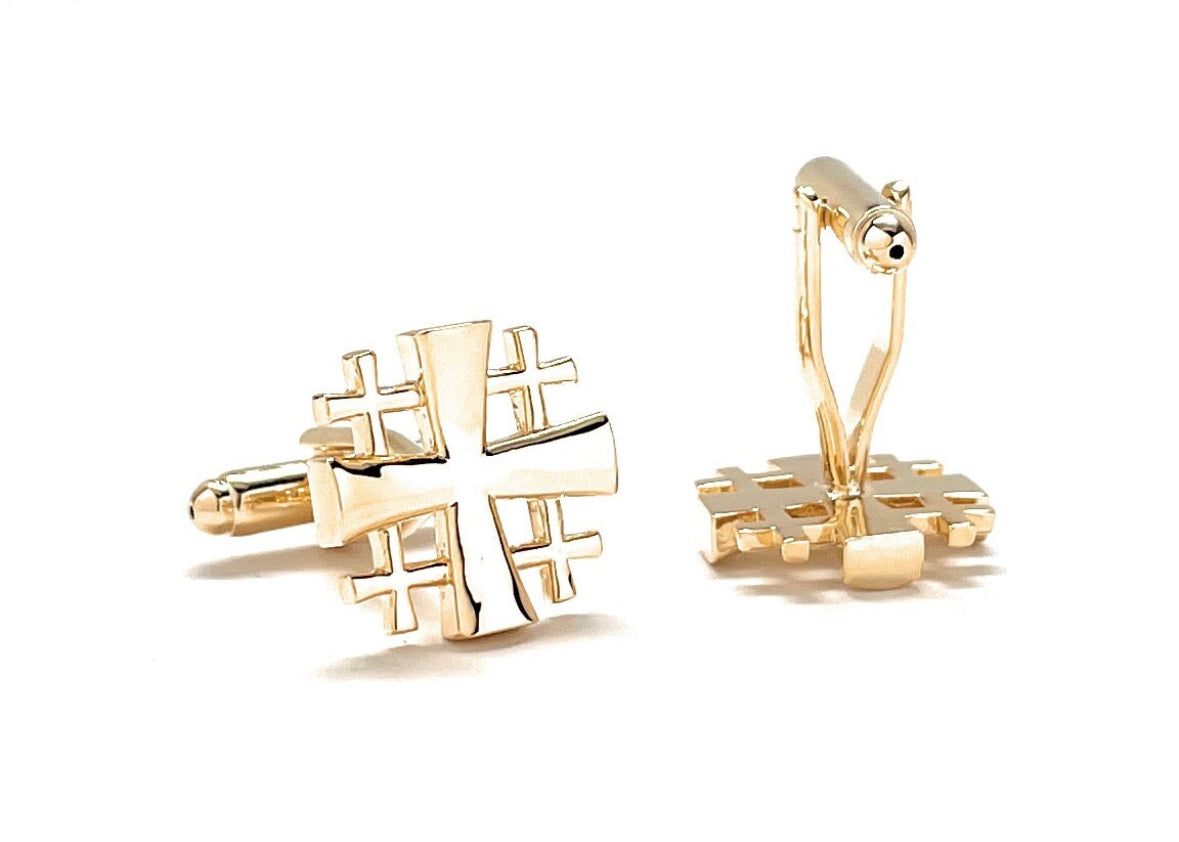 Jerusalem Cross Cufflinks Crusaders Shield Cut Out Design Gold Tone 3D Five-Fold Cross Cuff Links