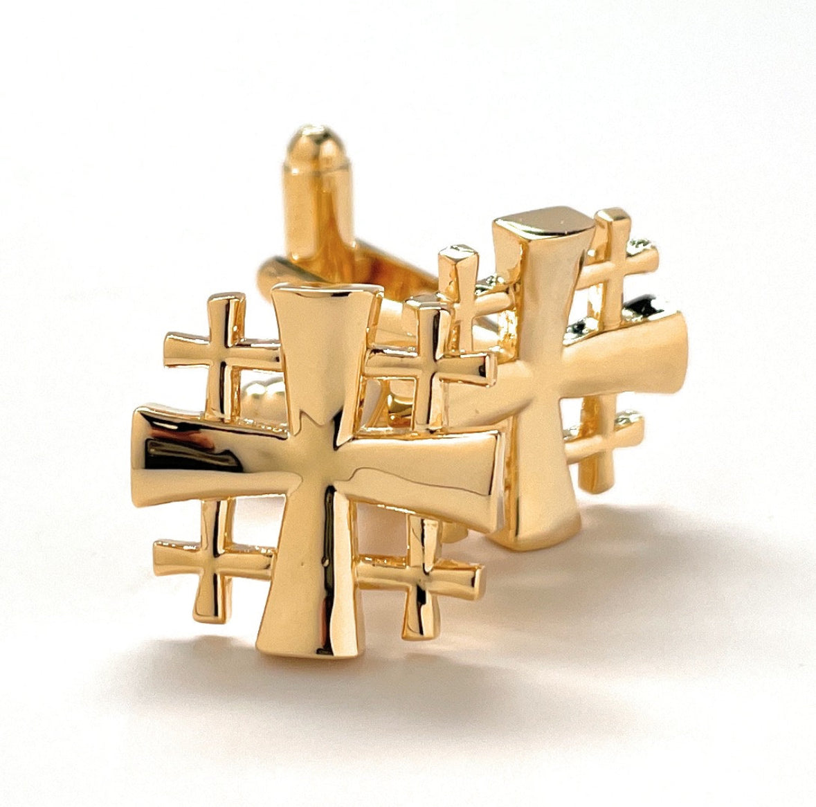 Jerusalem Cross Cufflinks Crusaders Shield Cut Out Design Gold Tone 3D Five-Fold Cross Cuff Links